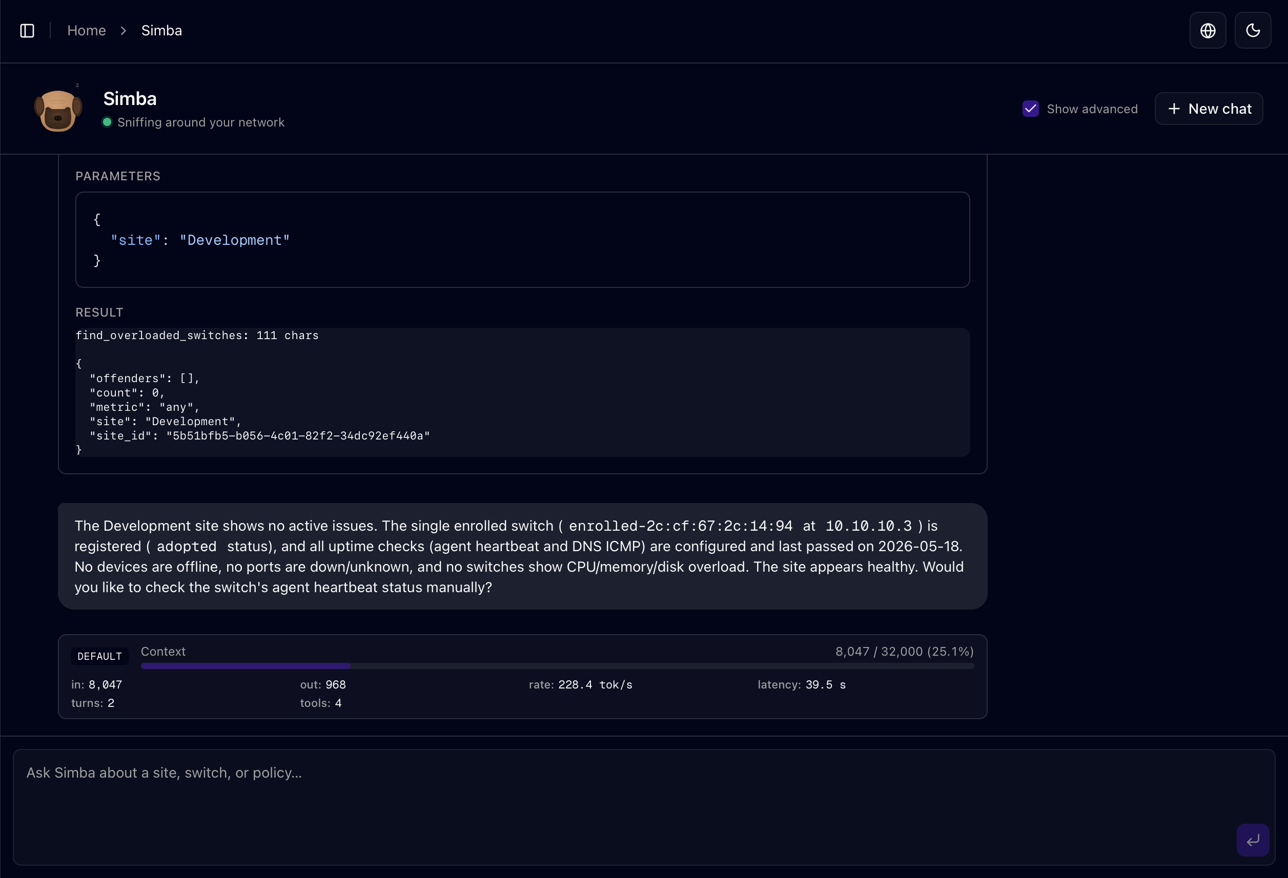 Simba running find_overloaded_switches against the control plane